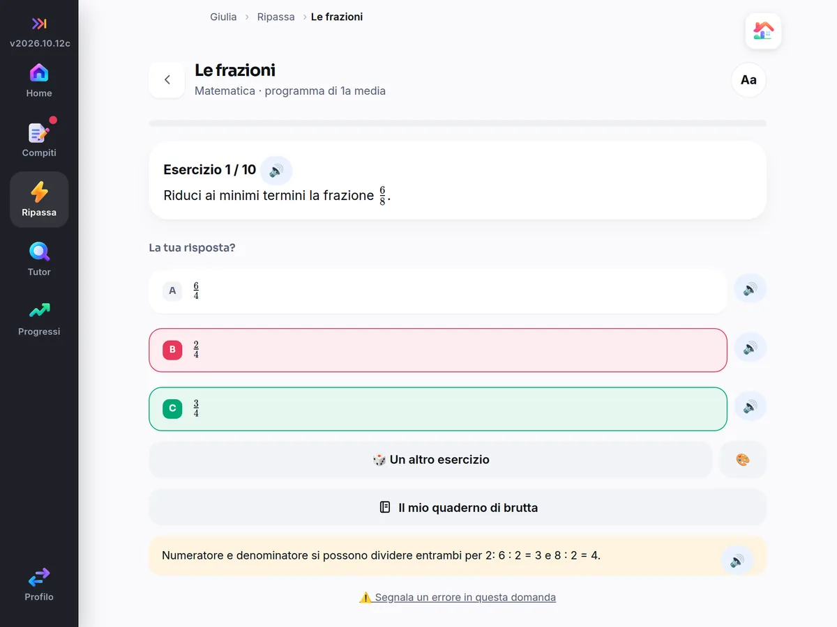 Un esercizio sulle frazioni sul tablet, con la spiegazione dopo la risposta