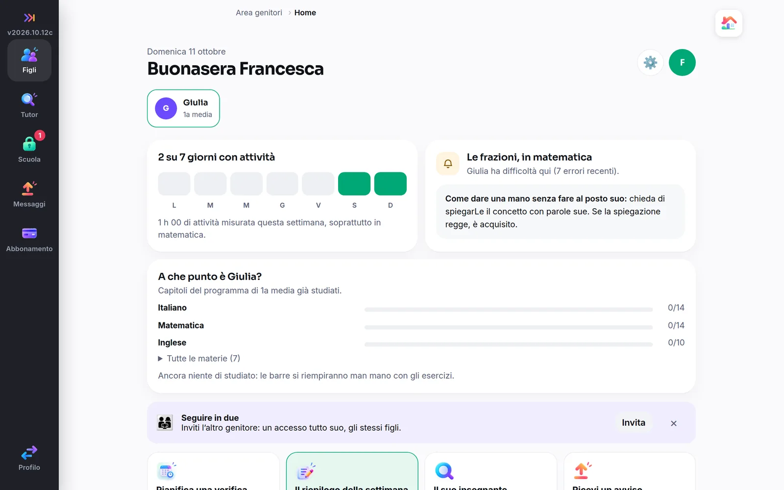 Area genitori sul computer: giorni di attività, l'argomento su cui Giulia si blocca e i capitoli già studiati